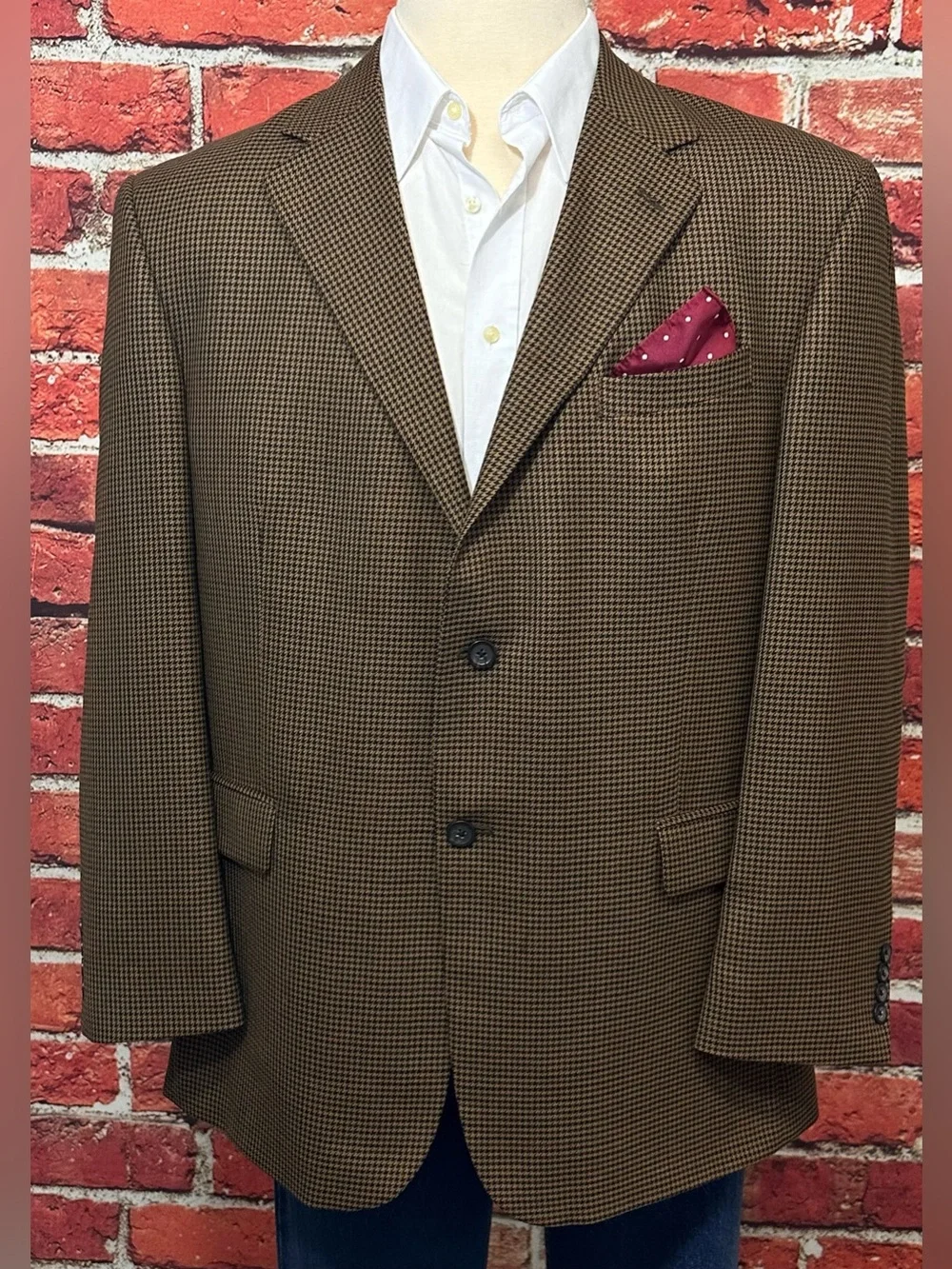 OSCAR DE LA RENTA MENS BLAZER SZ 48 BROWN HOUNDSTOOTH CHECK SPORT COAT JACKET